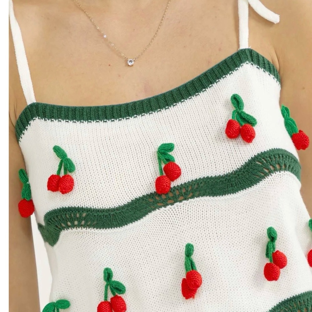 CLOUD TEN cherry crochet tank shoulder ties S M L - Picture 4 of 5
